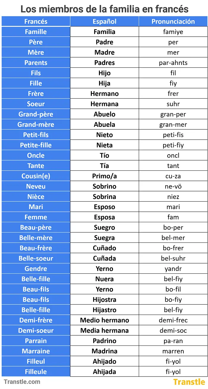 Vocabulario de los miembros de la familia en frances con pronunciación