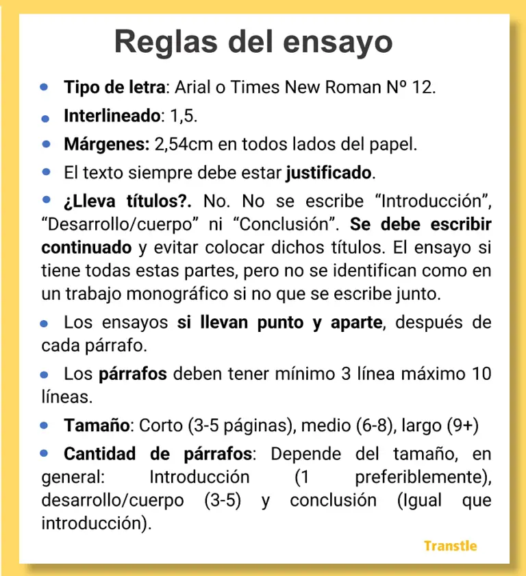 Lista de las reglas de un ensayo, tipo de letra, interlineado, márgenes, si lleva los titulos, cuantos parrafos tiene. Normas APA para ensayo de forma.