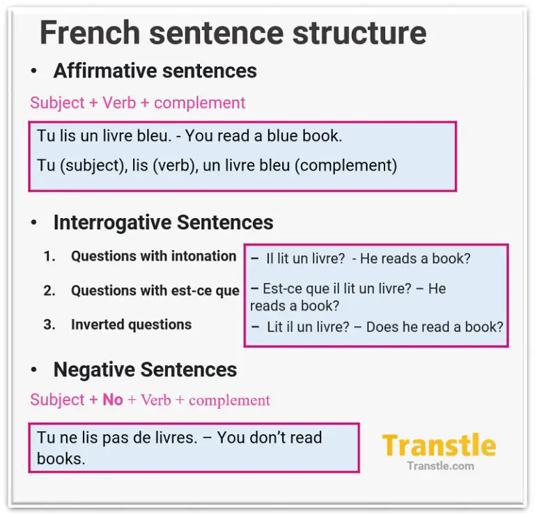 French sentence structure with examples of affirmative, interrogative, and negative sentences in French