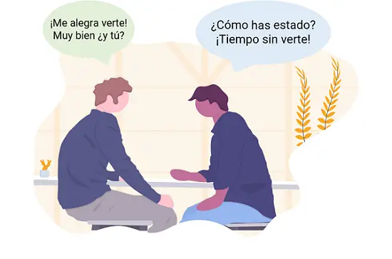 Spanish greetings conversation, dialogue: How are you, Como estas? Spanish greeting