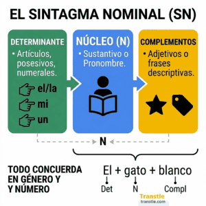 Esquema del Sintagma Nominal mostrando su estructura: determinante, núcleo (sustantivo o pronombre) y complementos con ejemplos de concordancia.