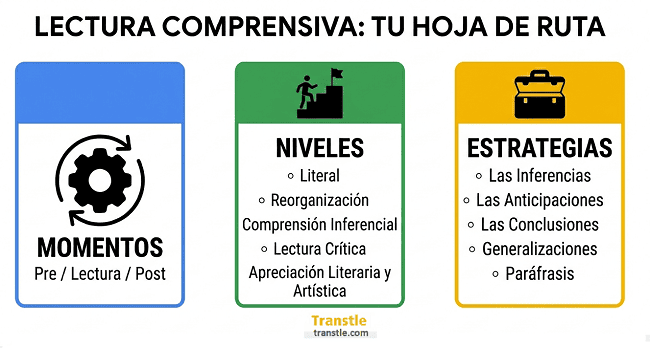 Infografía sobre la lectura comprensiva: momentos, niveles y estrategias de control.