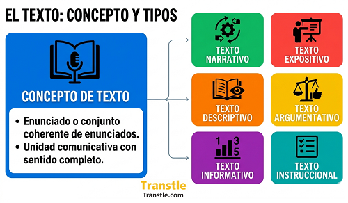 Infografía sobre el concepto de texto y los 6 tipos de texto principales: narrativo, descriptivo, informativo, expositivo, argumentativo e instruccional