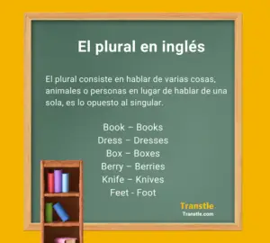 El plural en ingles, ejemplos y explicación en una ilustración de pizarra escolar