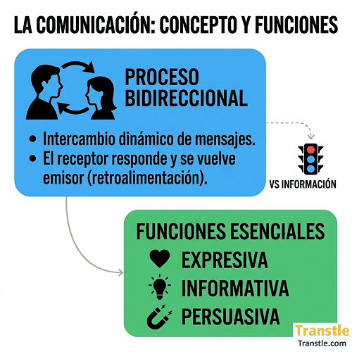 Infografía sobre el concepto de comunicación bidireccional y sus tres funciones principales: expresiva, informativa y persuasiva