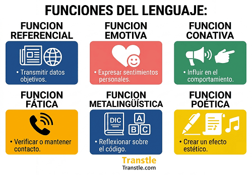 Infografía de las 6 funciones del lenguaje (Jakobson): referencial, emotiva, conativa, fática, metalingüística y poética con iconos y objetivos.