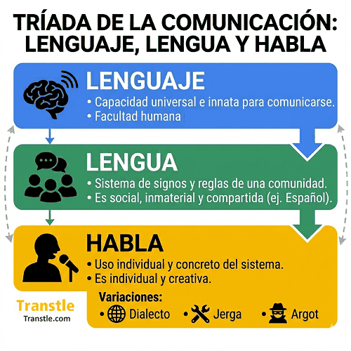 Infografía sobre la tríada de la comunicación que muestra la relación entre lenguaje, lengua y habla. Incluye descripciones de cada concepto y un desglose de las variaciones del habla: dialecto, jerga y argot.