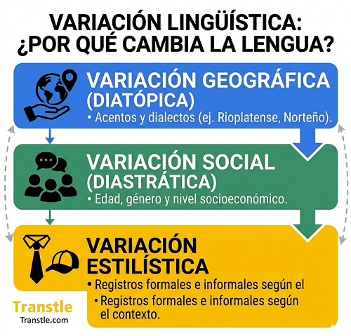 Infografía sobre los tipos de variación lingüística: geográfica (diatópica), social (diastrántica) y estilística (diafásica), con ejemplos de acentos, niveles socioeconómicos y registros.
