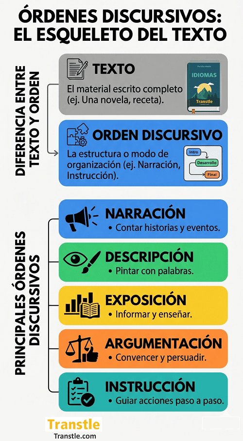 Infografía de concepto de orden discursivo, detallando los 5 tipos: narración, descripción, exposición, argumentación e instrucción.